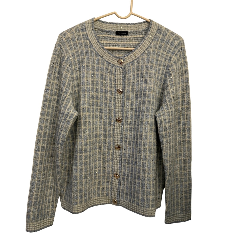 Talbots Cardigan Sweater Womens Large Blue Plaid‎ Sequin Gold Button Excellent